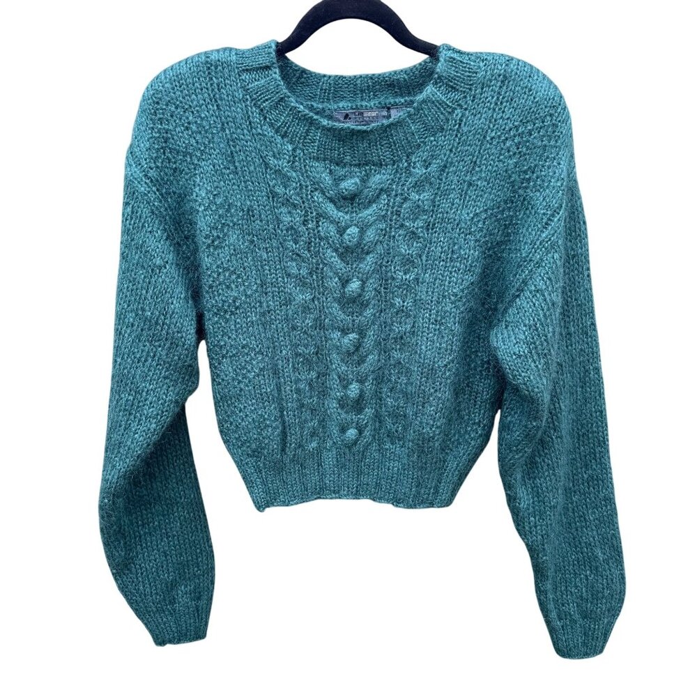 Lizwear Vintage 80s 90s Hand-Knitted Teal Wool‎ Blend Cable Knit Crop Sweater SP